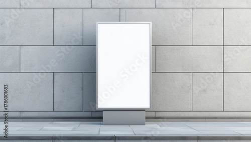Blank white banner outside. Concrete building in the background. Retail concept. Mock up, 3D Rendering