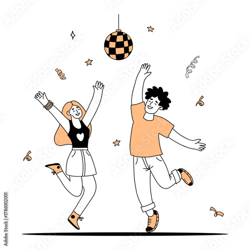 Happy Couple People Dancing Under Disco Ball with Confetti. Doodle hand drawing. Vector Illustration for party and holiday themes. Not AI