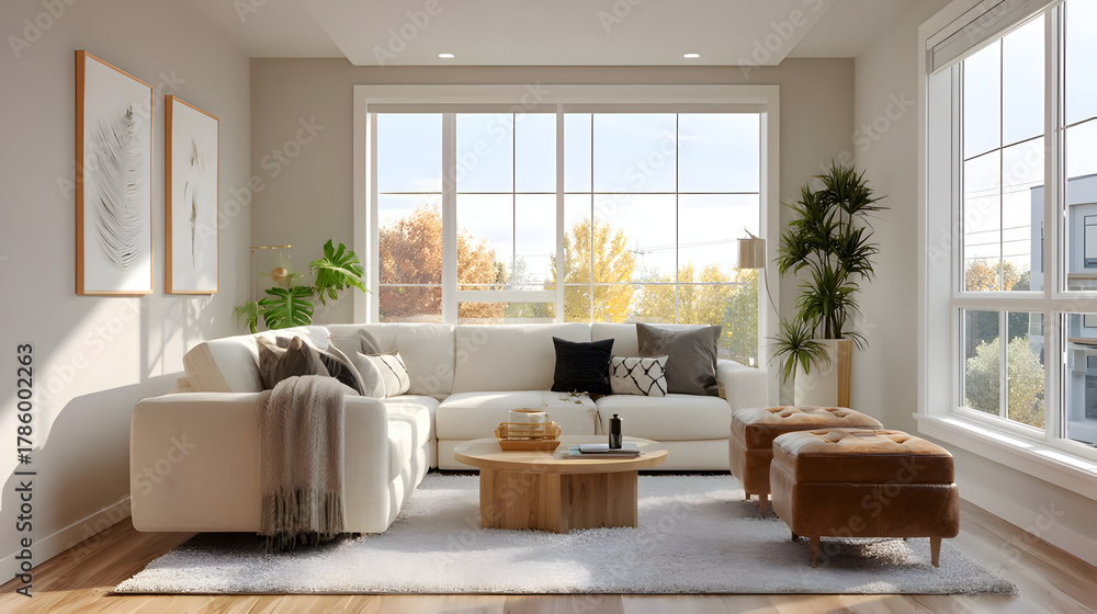 Fototapeta premium Minimal Bright Living Room with Large Window