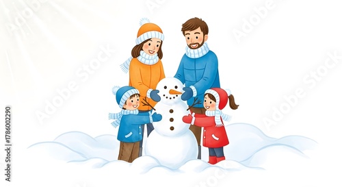Family playing in snow and building a snowman in winter  