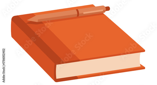 Closed orange book with a pen resting on top