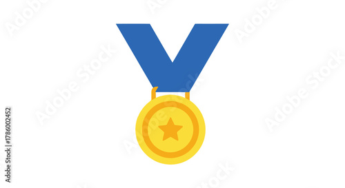 Golden Medal with Star and Blue Ribbon Icon, Symbolizing Victory, Achievement, and First Place Award