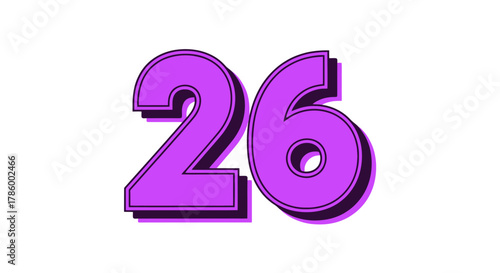 Vibrant purple number twenty-six with a striking shadow effect, ideal for milestones, birthdays, and counting achievements