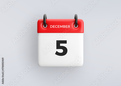 3D calendar icon with date 5 December on grey background. Vector schedule symbol.