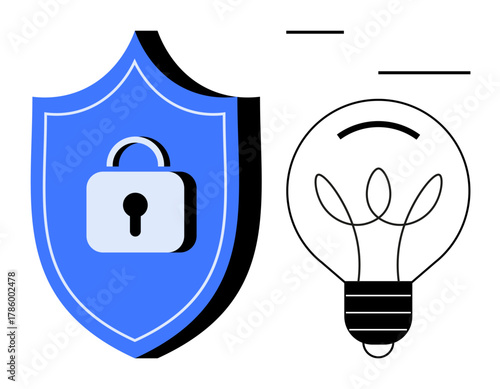 Shield with lock symbolizing protection next to a light bulb conveying ideas and creativity. Ideal for cybersecurity, innovation, intellectual property, safety, data privacy, problem-solving, simple