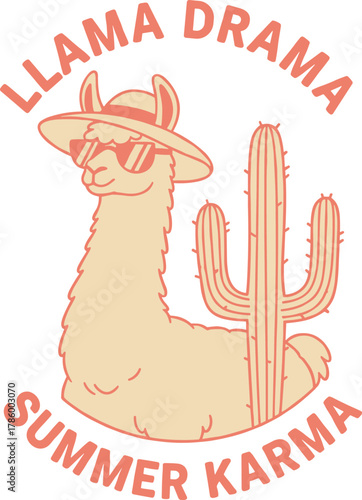 Llama Drama Summer Karma retro cartoon graphic. A hip animal character on a desert vacation for clothing or sticker design.