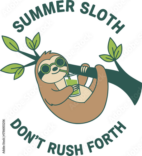 Retro vector illustration of a cool sloth on a branch. A funny animal mascot for a summer holiday graphic, perfect for clothing or stickers.