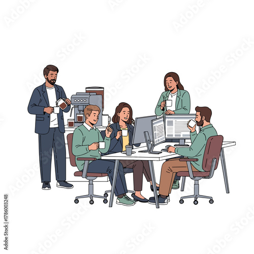 Colleagues in a modern office enjoying coffee and engaging in collaborative teamwork at work.