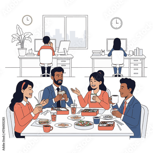 Colleagues enjoying lunch break together in modern office environment with computers and window views