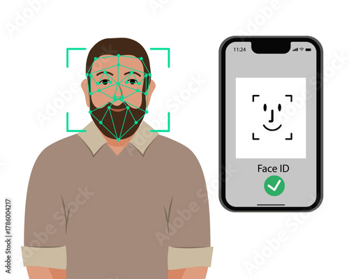 Verification ID is an illustration of Verification ID using system of face recognition and personal ID. The concept is take a photo by holding their own ID to get verified. Vector illustration.