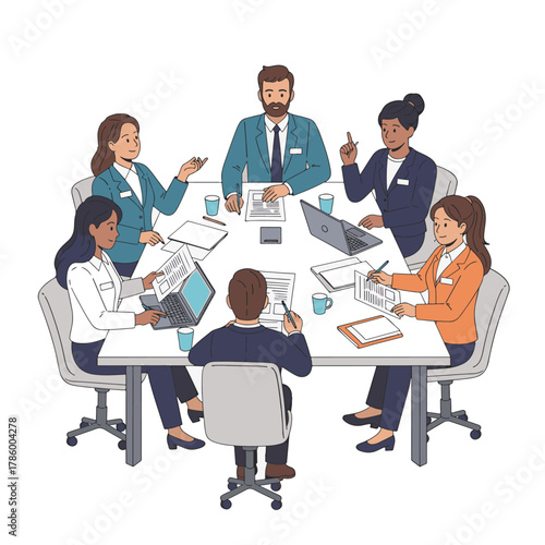 Diverse group of business professionals collaborating around a conference table in a meeting