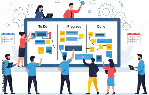 Agile project management team collaborating on a kanban board, visualizing tasks, workflow, and progress from 'to do' to 'done' stages in a streamlined business process.
