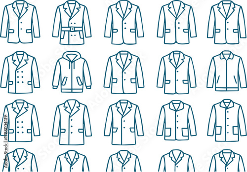 A collection of outline drawings showcasing various coat designs, isolated on white background, offering a diverse range of styles and silhouettes for outerwear