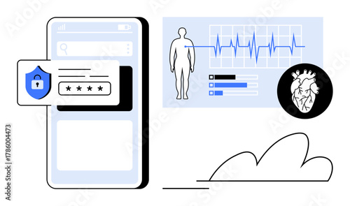 Mobile interface with secure login, health data analytics, human figure, heart symbol, and ECG graph. Ideal for healthcare, technology, security, wellness telemedicine innovation simple flat