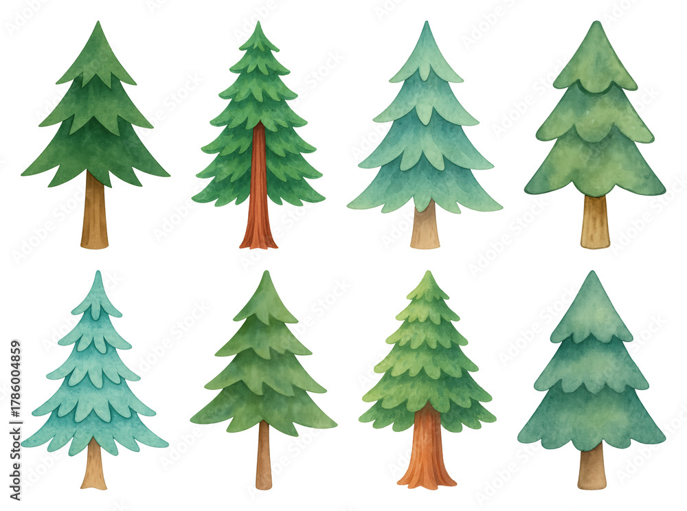 Obraz premium PNG Watercolor evergreen trees illustration, element set on transparent background