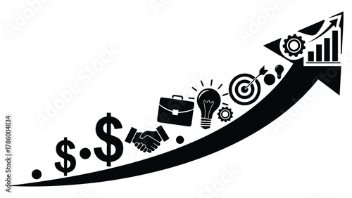 Visual metaphor for strategic business development and financial growth, showing milestone icons like ideas, partnerships, and profit on an upward arrow trend
