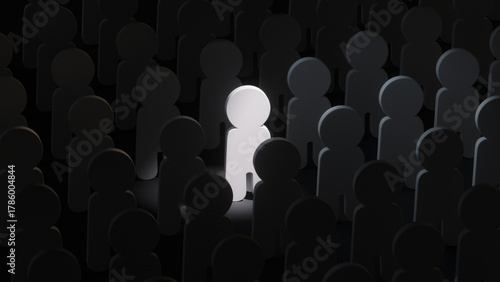 One figure in a crowd is illuminated by a spotlight 3D render