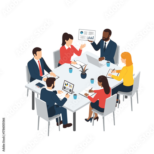 Diverse group of business professionals collaborating around a table in an isometric illustration.