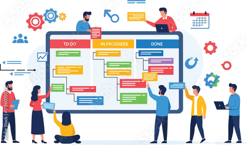 Agile project management team collaborating on a visual scrum board, organizing tasks, tracking progress, and delivering results in a dynamic, efficient, and modern workflow environment.