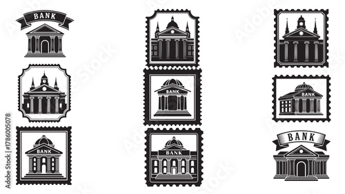 Vintage Bank Building Stamp Emblem — Black Solid Finance Vector Icon