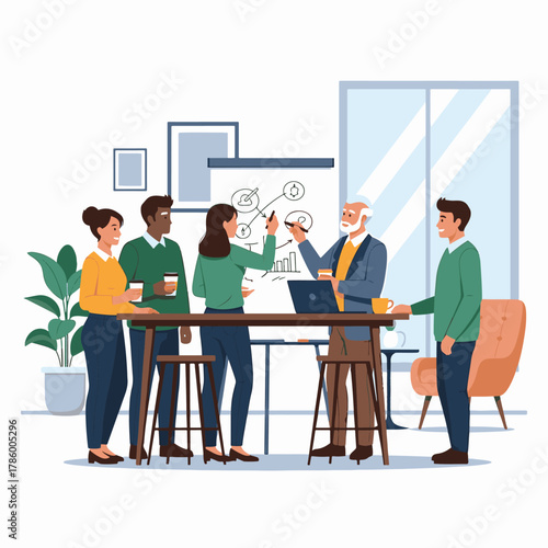 Diverse group of business professionals collaborating during a brainstorming session in a modern office