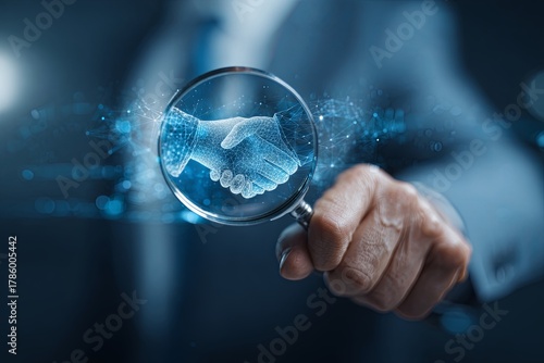 Business professional holds magnifying glass over digital handshake image, representing collaboration, partnership, and online connectivity in modern industry