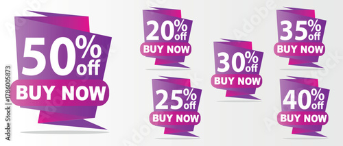 Discount Tags Vector Set, Popup Sale Banner, 50, 35, 30, 25, 40, 20 Off, Buy Now EPS Design