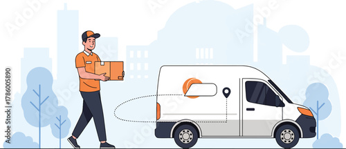 Professional delivery service employee carrying a package walking next to a modern white logistics van with a location pin in an urban setting, representing efficient shipping and e-commerce transport