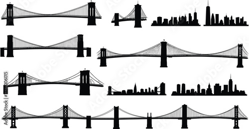 Bridge silhouette vector, city skyline icon, urban architecture design, famous landmark graphic, black structure art, cad drawing flat vector illustration