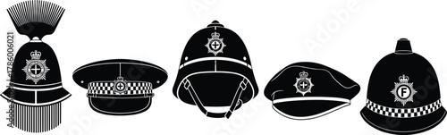 british police hat vector, law enforcement headgear, officer cap illustration, flat design helmets, uniform accessories icons, cad drawing style