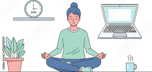 Mindful person meditating calmly amidst a home office setup with laptop, clock, and plant, symbolizing work-life balance, stress relief, and digital detox for mental well-being. 