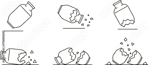 Broken glass jar, destruction stages, shattered container, crack progression, debris fragments, damaged vessel, impact sequence, vector illustration, isolated object, white background