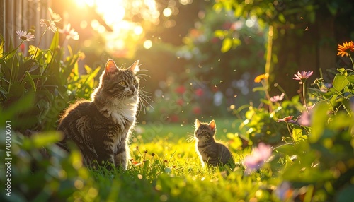 Fototapeta Naklejka Na Ścianę i Meble -  Two cats sit amidst lush greenery and vibrant flowers as golden sunlight streams through, creating a warm and inviting atmosphere