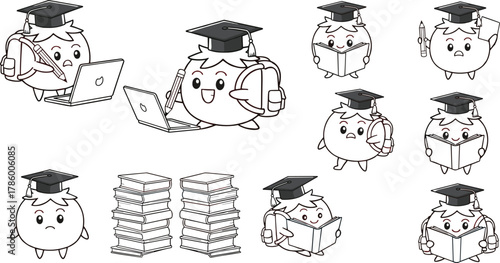 Cartoon academic character set, graduation cap book laptop pencil, student study concept art, cad drawing flat vector illustration