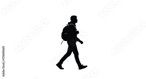 Silhouette of a young man wearing a backpack and hoodie walking with a sense of purpose against a white background