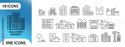 A collection of flat real estate icons. The set includes icons for real estate, housing, buildings, apartments, condominiums, land, mortgages, rentals, tenants, and affordability.