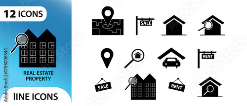 A collection of flat real estate icons. The set includes icons for real estate, housing, buildings, apartments, condominiums, land, mortgages, rentals, tenants, and affordability.