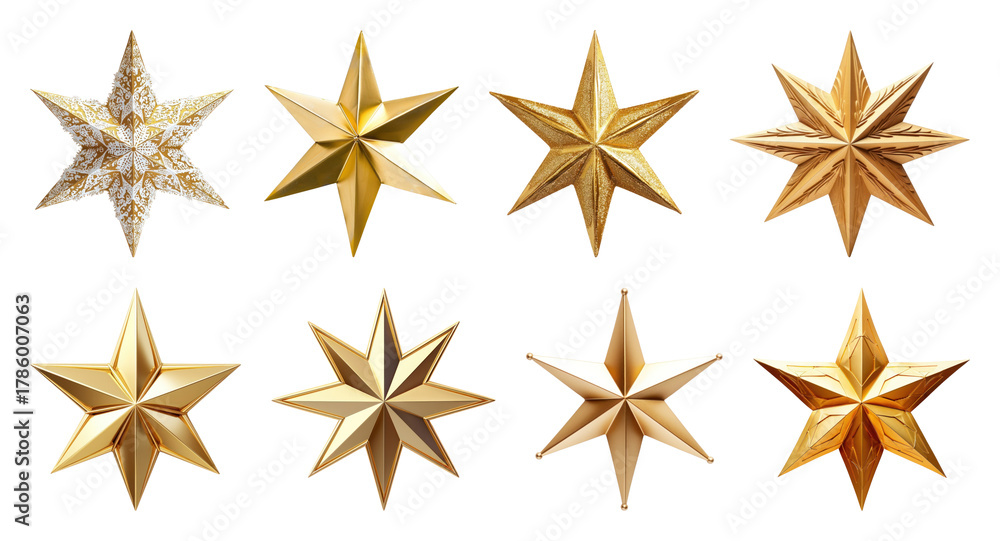 Fototapeta premium PNG Golden stars with intricate designs, element set on transparent background
