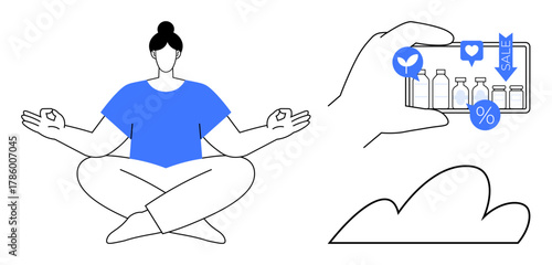 Meditating woman in yoga pose next to hand holding phone with shopping icons thumbs up likes, sale, percentage, bottles. Ideal for mindfulness, e-commerce, mobile apps, self-care, technology digital