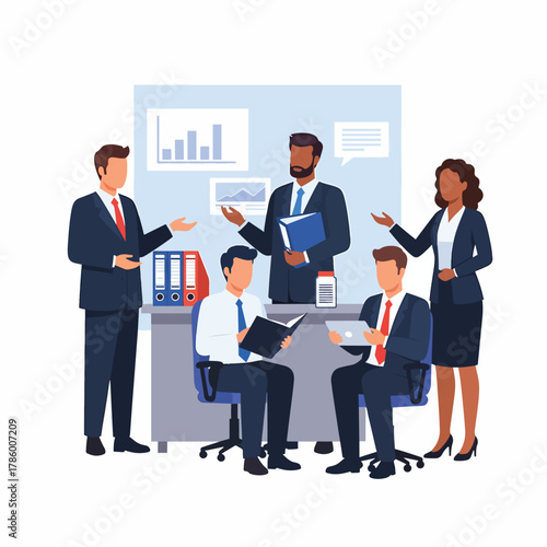 Diverse group of business professionals engaged in a collaborative meeting to analyze data and strategies
