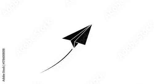 Simple black paper airplane icon with a curved trail symbolizing flight movement and creativity against a white background
