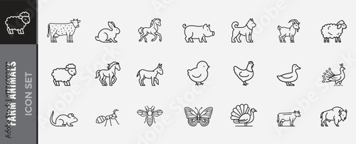 Animals line icon set. Illustration of turkey, duck, chick, sheep, cow, horse, pig thin line icon.