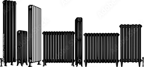 cast iron radiator vector, vintage heating system, architectural heating icons, flat design radiators, interior warmth illustration, cad drawing flat vector illustration