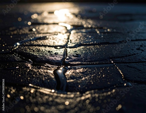 Abstract Night Scene Featuring Wet Pavement with Bright Light Reflections Creating Bokeh Effects in Dark Blue Tones