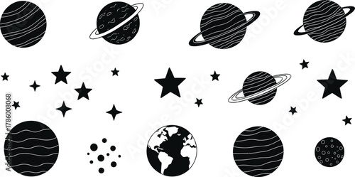 Celestial space icons, black and white planets, stars, moon, asteroids, astronomy symbols, cosmic vector set, science illustration, minimal design