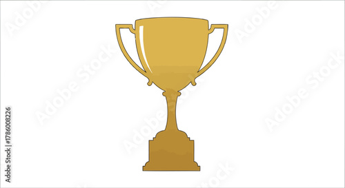 A golden trophy cup with handles and a pedestal isolated on a white background representing achievement and victory