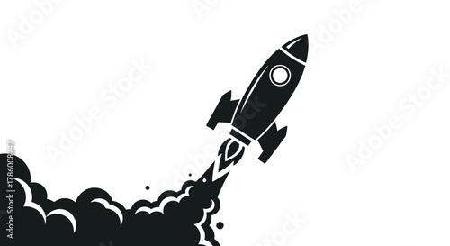 Black silhouette of a rocket launching upwards with smoke and flames against a white background representing speed and innovation