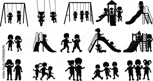 Children playing on playground, silhouette kids activity, swing slide fun, outdoor recreation vector, childhood joy, editable flat illustration, black icons