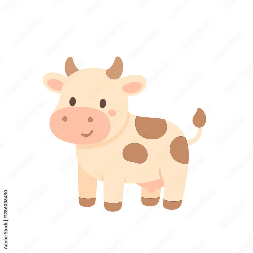 Fototapeta premium Cartoon cow, flat vector illustration, with cute animal and adorable design