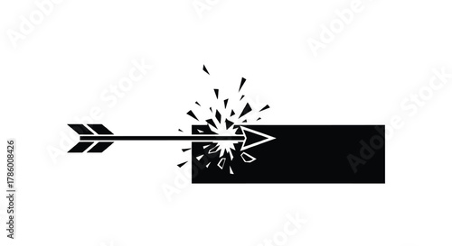 Black arrow piercing through a black rectangle with fragments exploding outwards on a white background